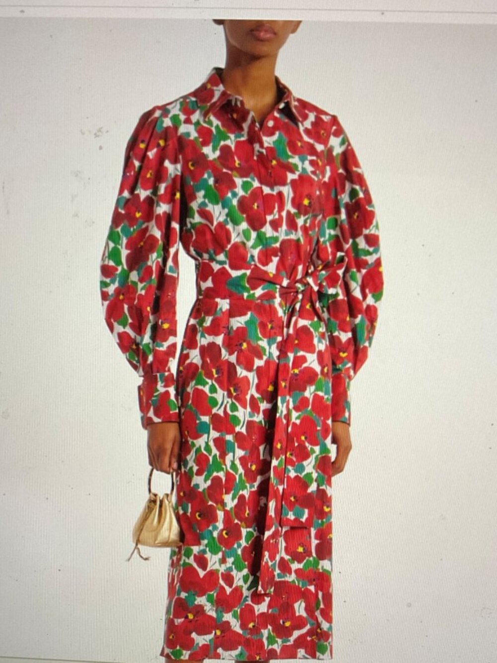 Carolina Herrera Red Floral Shirt Midi Dress with Green Leaves